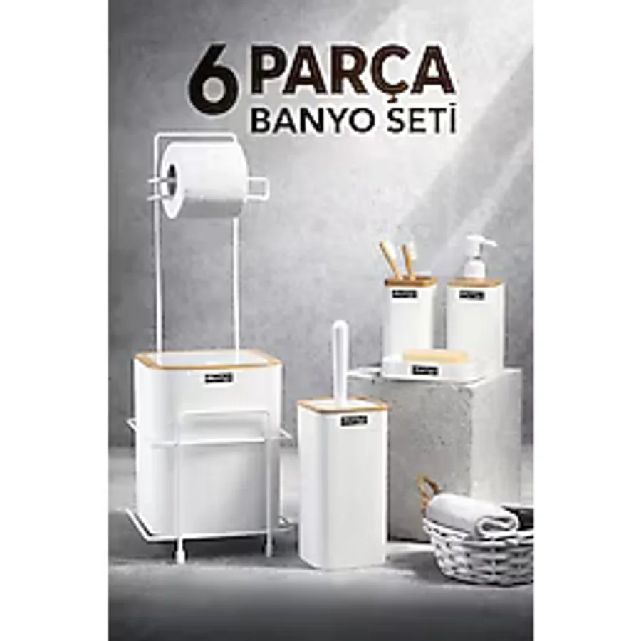 Okyanus Home Beyaz Kare Mina Due Standlı Wc Kağıtlık Ve 6 Parça Banyo Seti