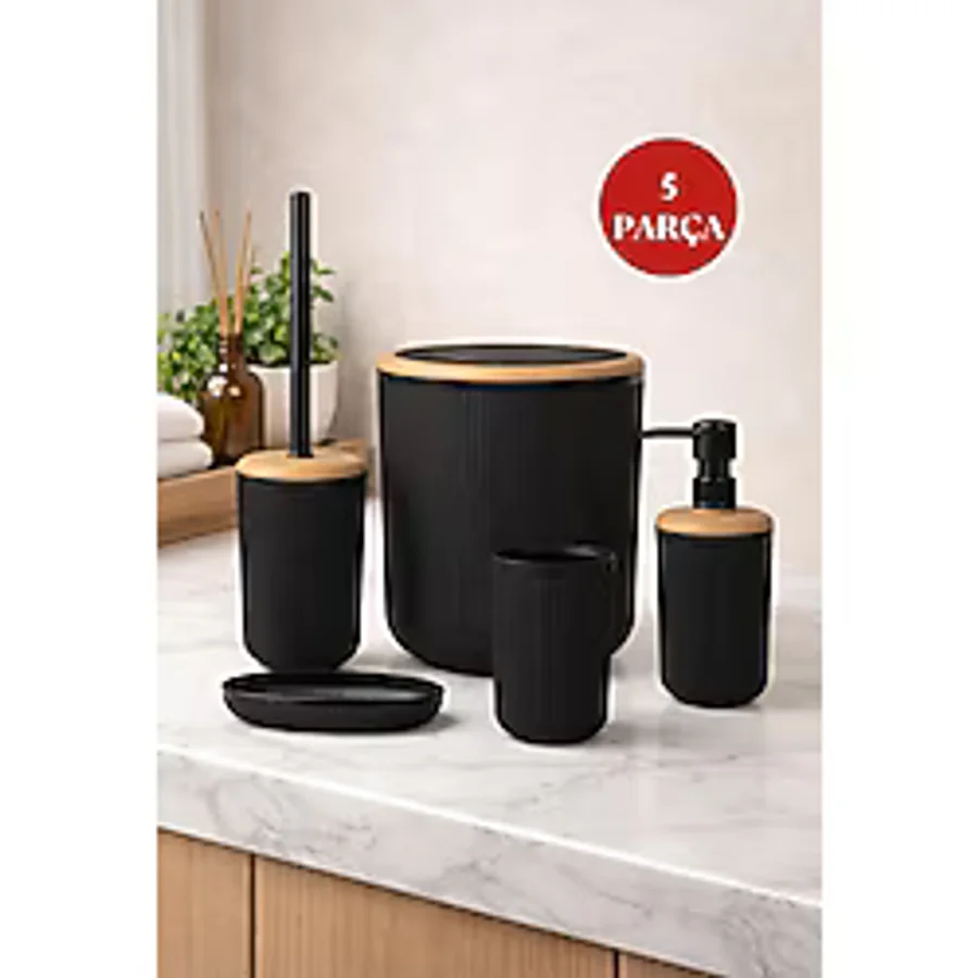 Okyanus Home Linea Due Siyah Çizgili Yuvarlak 5'li Banyo Seti