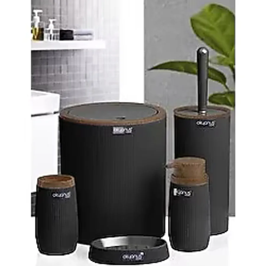 Okyanus Home Siyah Ahşap Çizgili Yuvarlak 5'li Banyo Seti