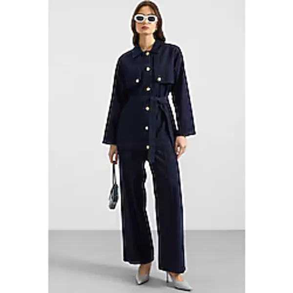 Olcay Pelerin ve Metal Düğmeli Ceket Pantolon Denim İkili Takım LACİVERT 9393-TK