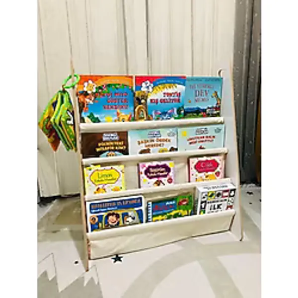 OlcayAksesuar Montessori Çocuk Bebek Odası Taşınabilir Eğitici 4 Raflı Bez Kumaş Kitaplık