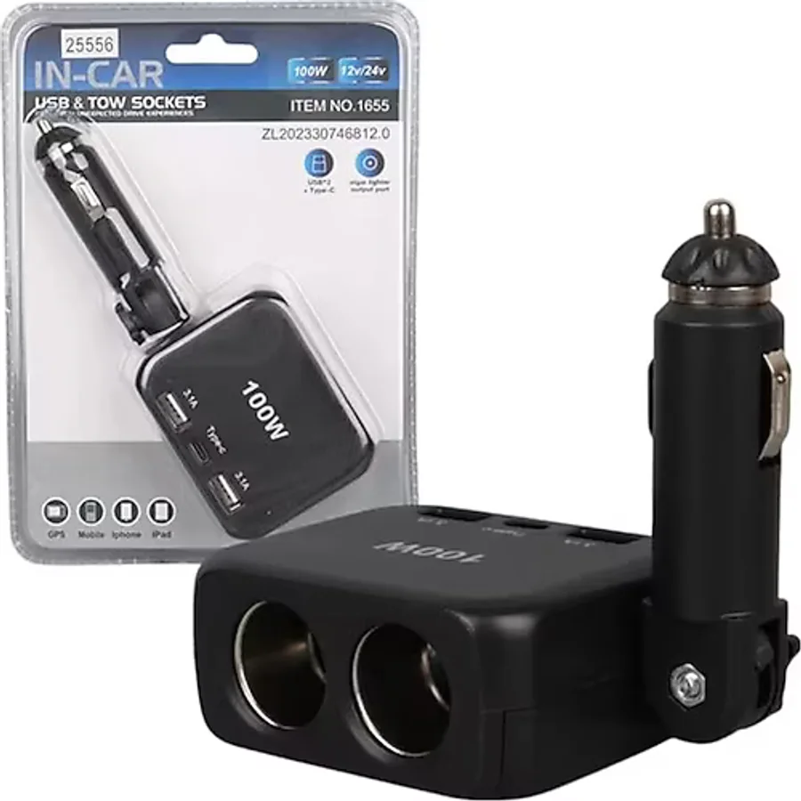 Olesson 1655 12-24V Type-C + Çift Usb-A Girişli 100W 2'Li Araç Çakmak Çoklayıcı