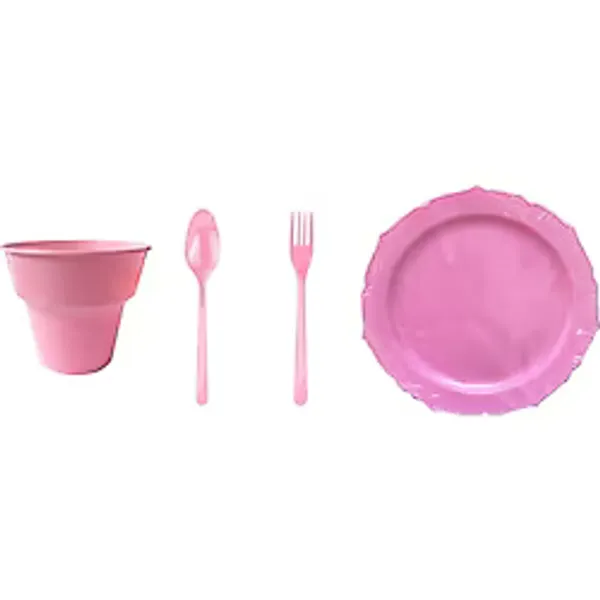 Omeyva 23 Cm. Plastik Mika Pembe Sorfa Piknik Seti - 6 Kişilik Tabak Bardak Çatal Kaşık Takımı