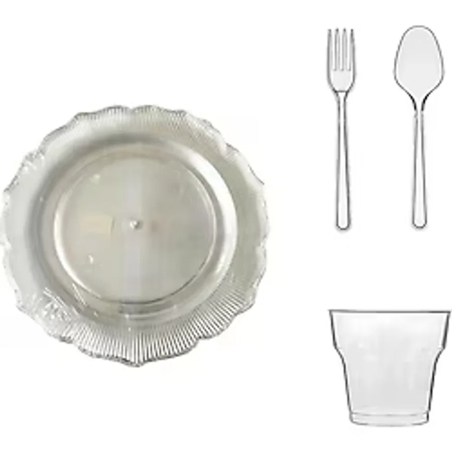 Omeyva 23 Cm. Plastik Mika Şeffaf Sorfa Piknik Seti - 72 Kişilik Tabak Bardak Çatal Kaşık Takımı