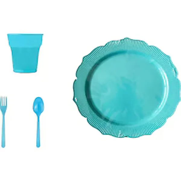 Omeyva 23 Cm. Plastik Mika Turkuaz Sorfa Piknik Seti - 12 Kişilik Tabak Bardak Çatal Kaşık Takımı