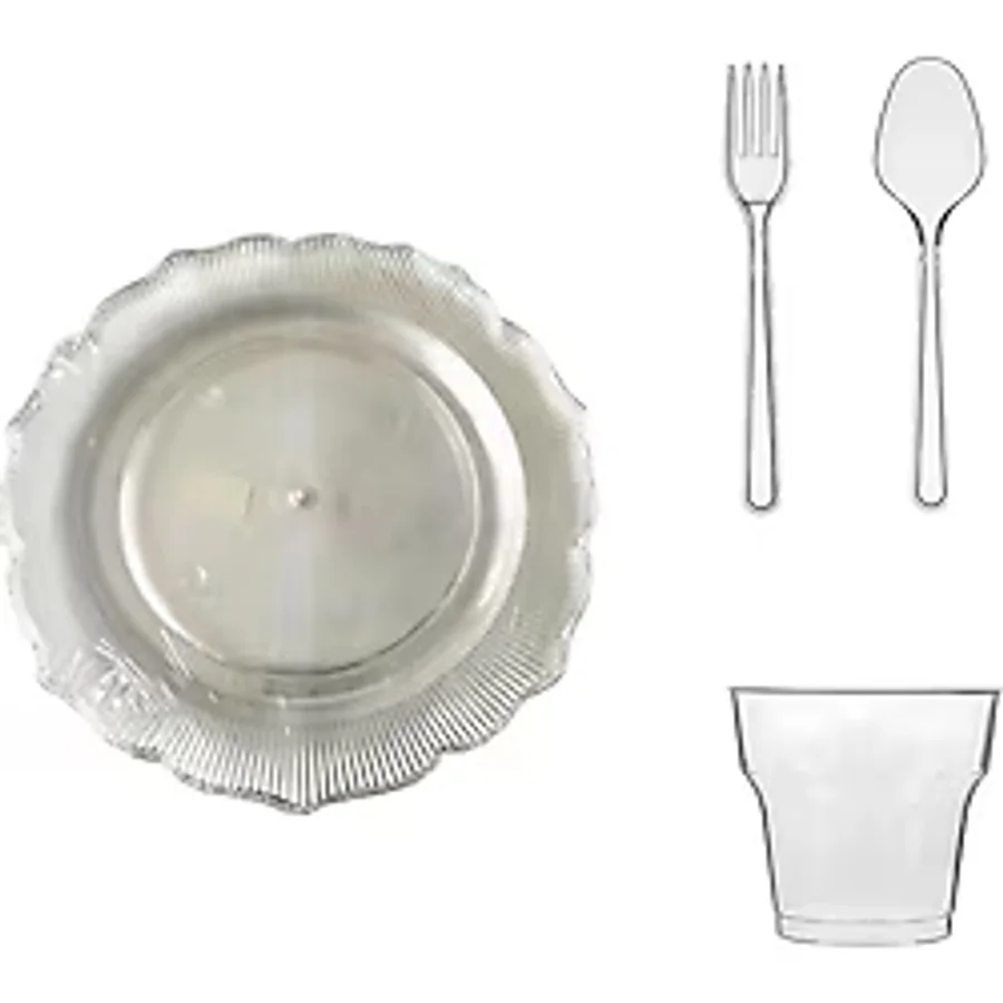 Omeyva 26 Cm. Plastik Mika Şeffaf Sorfa Piknik Seti - 48 Kişilik Tabak Bardak Çatal Kaşık Takımı