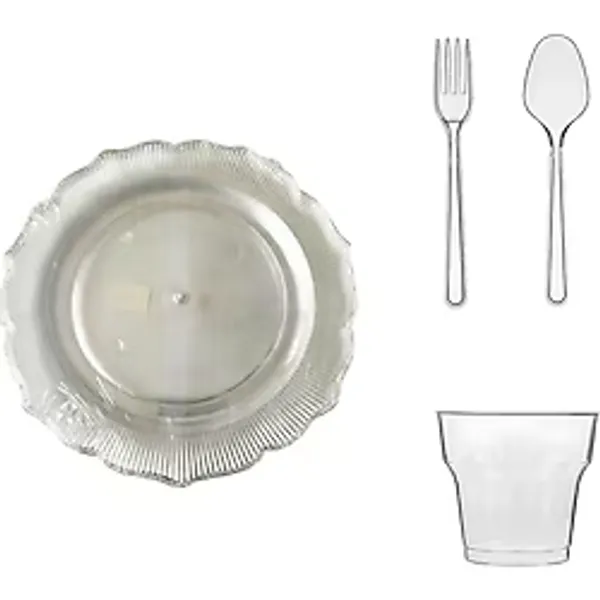 Omeyva 26 Cm. Plastik Mika Şeffaf Sorfa Piknik Seti - 72 Kişilik Tabak Bardak Çatal Kaşık Takımı