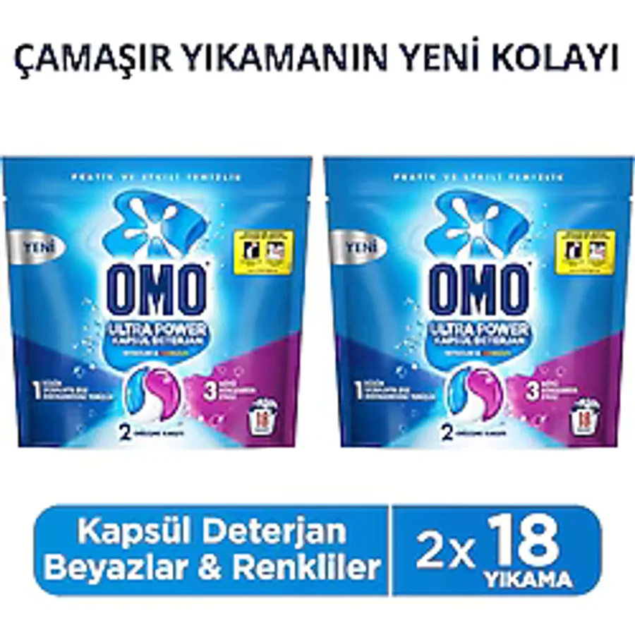 Omo Ultra Power Kapsül Deterjan Beyazlar ve Renkliler 18 Yıkama x2