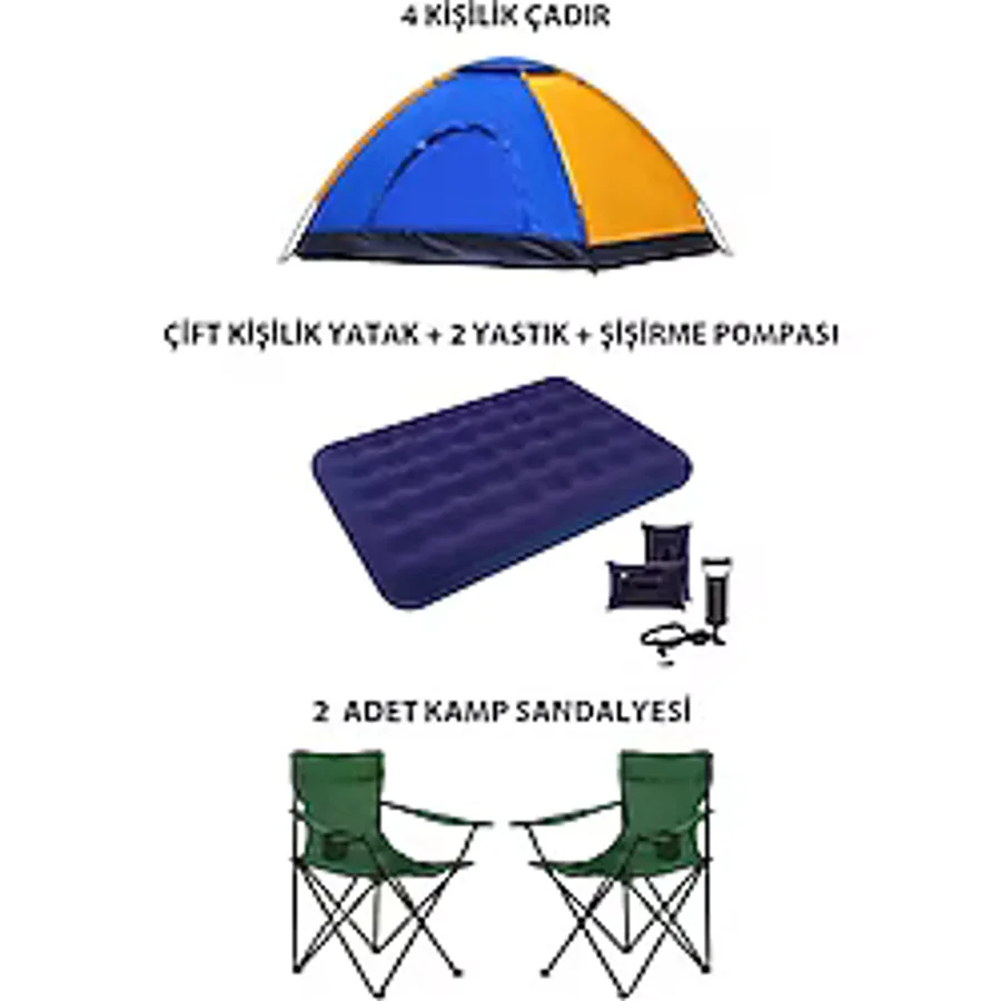 Onetick 4 Kişilik Lüks Kamp Seti Çadır 2 Sandalye Yatak ve Yastık - Yeşil