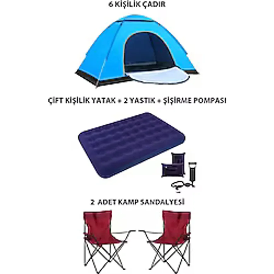 Onetick Lüx Kamp Tatil Seti Çadır 2 Adet Sandalye Yatak Yastık - Kırmızı
