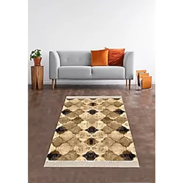 Ontheclouds Bej Geometrik Karo Desenli Dijital Baskı Yıkanabilir Kaymaz Taban Etnik Kilim Desen Salon Halı, 40 x 40