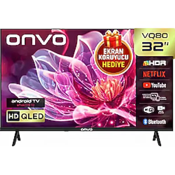 Onvo 32 Inç 82 Ekran Ekran Koruyucu Hediyeli QLED Smart Tv, Hd Ready,dahili Uydu Alıcılı, Hdr, Wi-Fi, Bluetooth, Sesli Kumanda, 2 Hdmı, 2 Usb, Çerçevesiz Akıllı Televizyon, Netflix ve Youtube Destekli