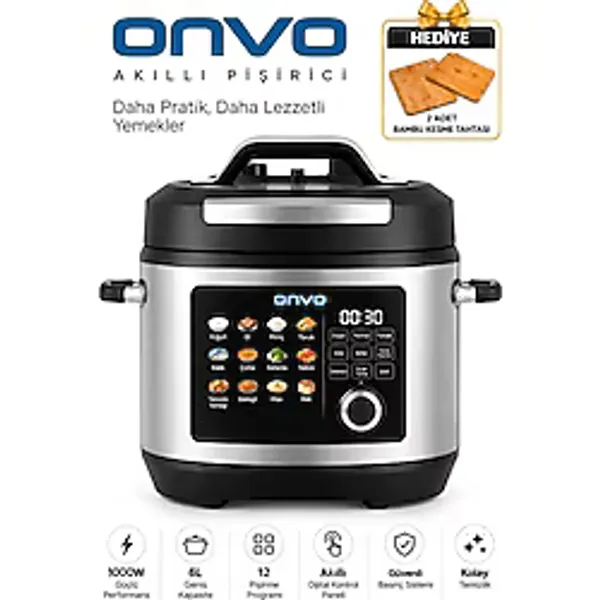 Onvo 6 Litre Elektrikli Düdüklü Tencere Buharda Pişirme ve 12 Farklı Yemek Programı ile Pratik Pişirme - Gri