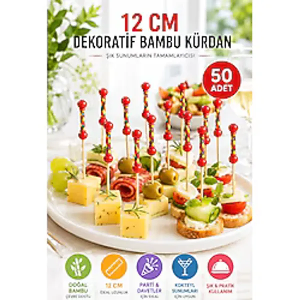 OpenCity 50 Adet Dekoratif Kırmızı Örgülü Bambu Kürdan 12 cm Kokteyl Parti Kanepe Sunum Çubuğu Seti Paket