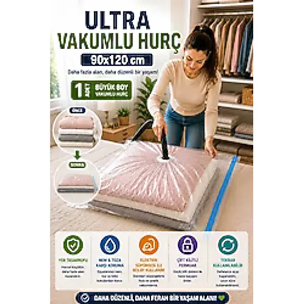 OpenCity Ultra Boy Vakumlu Hurç 90x120 cm 1 Adet Çift Kilitli Vakum Poşeti Yorgan Battaniye Saklama Çuvalı