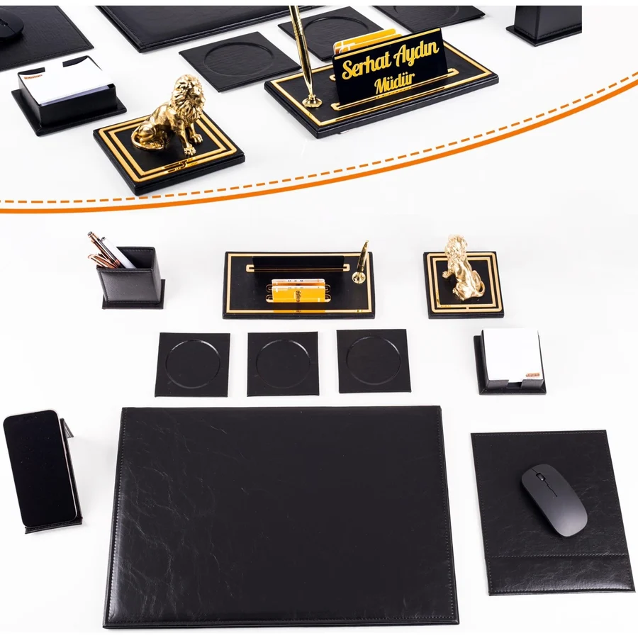 Opta 10 Parça Aslan Biblolu Siyah Deri Sümen Seti Takımı Gold Kalem Ofis Masa İsimliği Lüks İsimlik