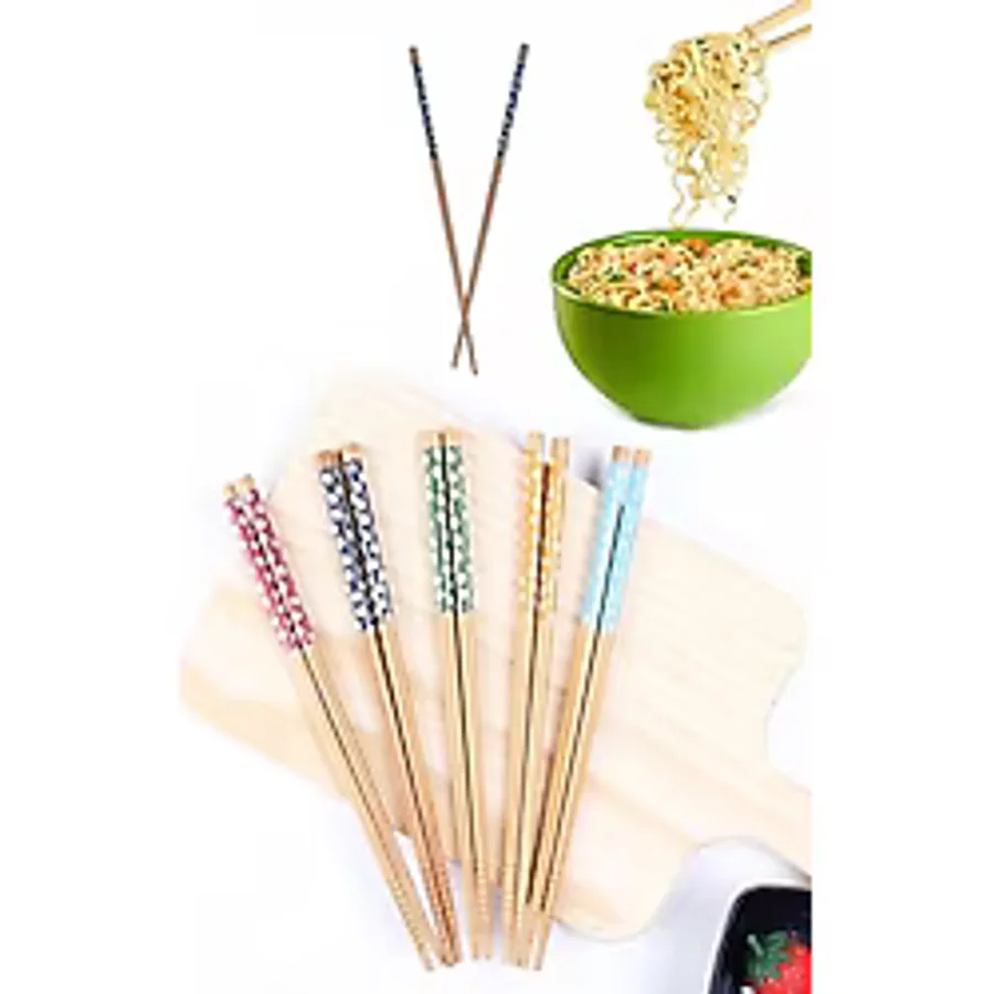 Optana 5 Çift Chopstick Yıkanabilir Organik Ahşap Desenli Bambu Yemek Çubuğu