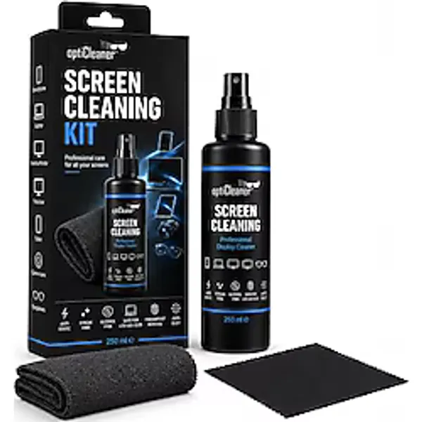 OptiCleaner Since 2003 Ekran Temizleme Seti, 250 ml Sprey, Büyük Mikrofiber Bez ve 15 x 18 cm Gözlük Bezi, Laptop, TV, Monitör, Telefon, Tablet, Araç Ekranı ve Lensler İçin