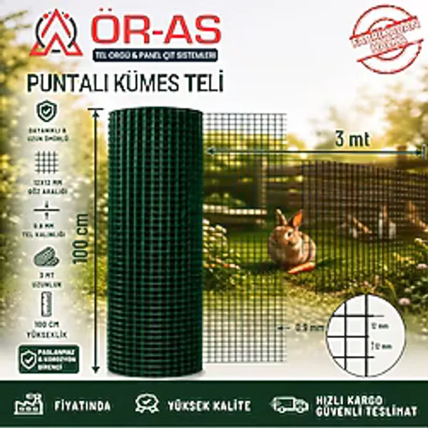 Ör-As Tel Örgü Pvc Kaplı Puntalı Yeşil Tel 12 x 12 Gözaralıklı 1 mm KalınlıkKafes Teli Kümes Teli 1 x 3 Metre - 1-Adet