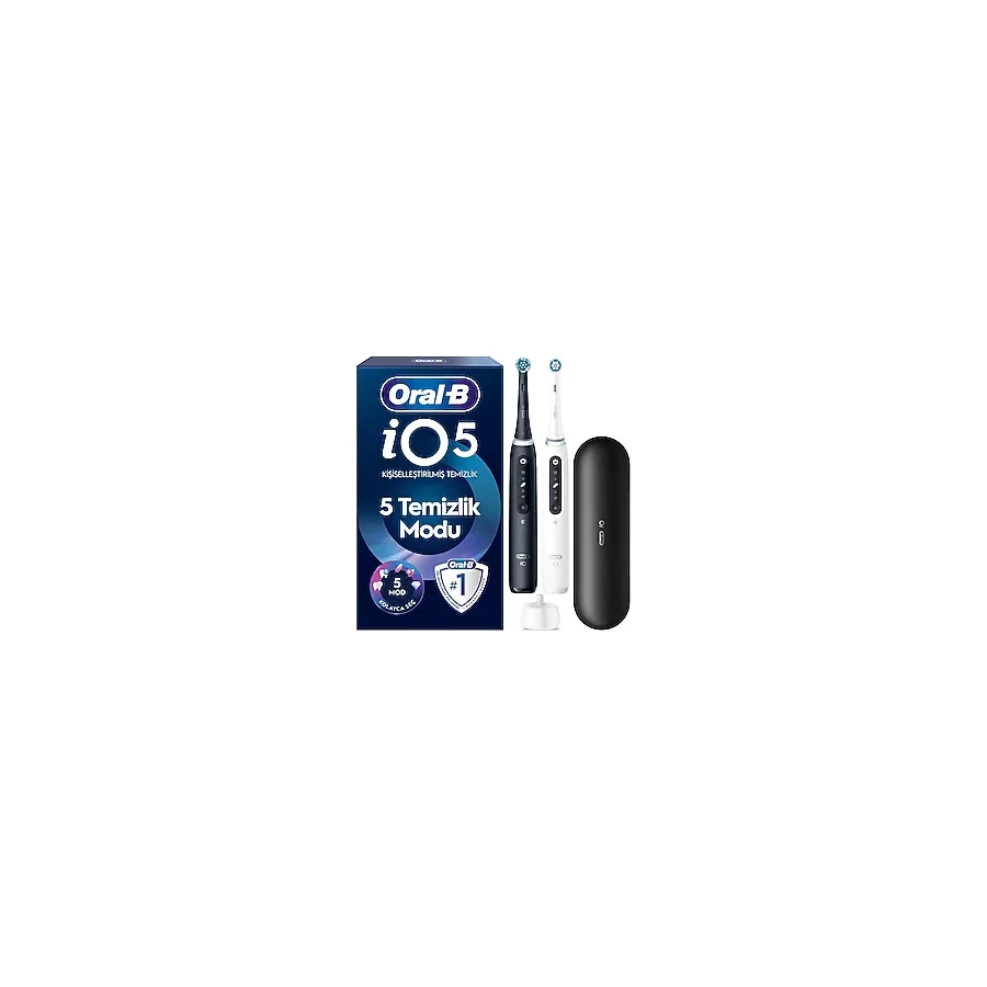 Oral-B iO5 Şarjlı/Elektrikli Diş Fırçası, 2'li Set, Mat Siyah & Beyaz, 2 Fırça Başlığı, Uzun Ömürlü Pil, Premium Seyahat Kabı