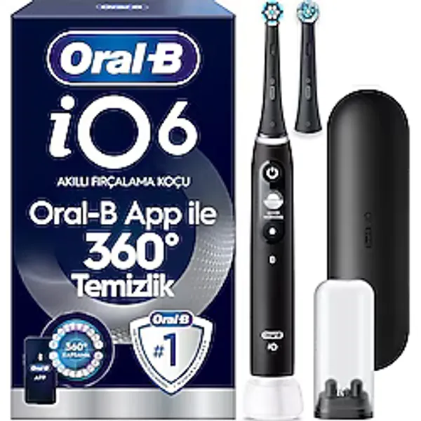 Oral-B iO6 Siyah Şarjlı/Elektrikli Diş Fırçası, 2 Fırça Başlığı, Uzun Ömürlü Pil, Premium Seyahat Kabı, Yedek Başlık Kabı