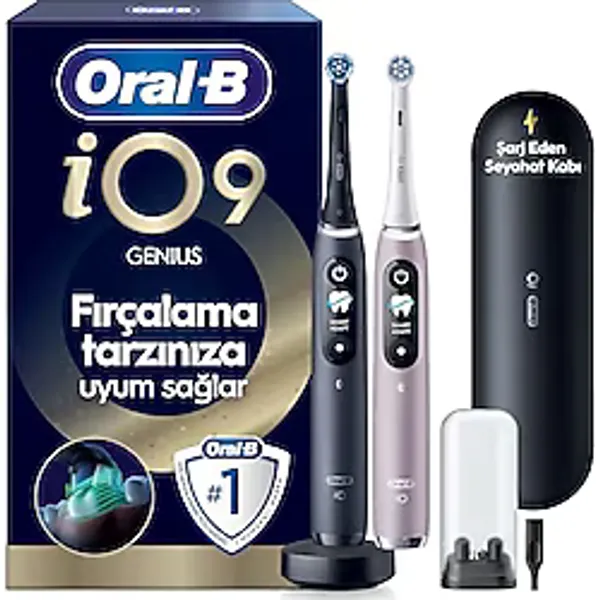 Oral-B iO9 Şarjlı/Elektrikli Diş Fırçası, 2'li Set, Rose Quartz & Siyah, 2 Fırça Başlığı, Hızlı Manyetik Şarj Cihazı, Uzun Ömürlü Pil, Şarj Eden Seyahat Kabı