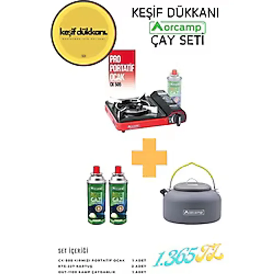 Orcamp Keşif Dükkanı Orcamp Çay Seti - Portatif Kamp Ocak + Çaydanlık + Yedek Kartuş - Kırmızı