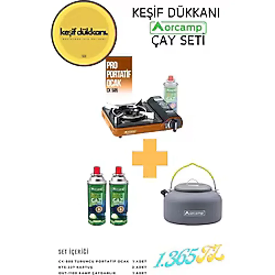 Orcamp Keşif Dükkanı Orcamp Çay Seti - Portatif Kamp Ocak + Çaydanlık + Yedek Kartuş - Turuncu