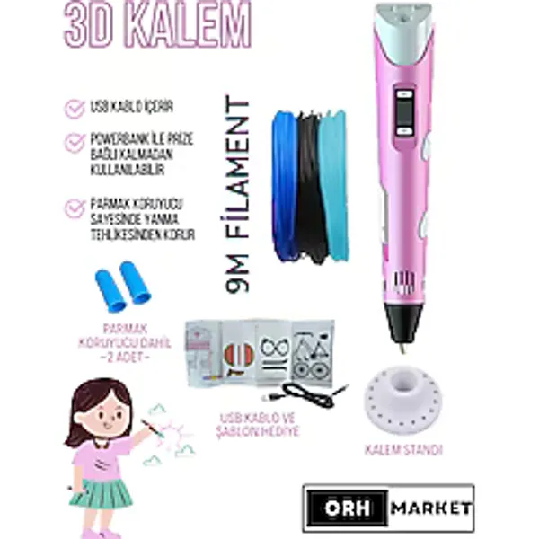 ORH Market Pembe 3d Kalem 3d Pen Yazıcı Kalem - 3 Adet 3 Metrelik Pla Filament (TOPLAM 9M) Usb Kablo