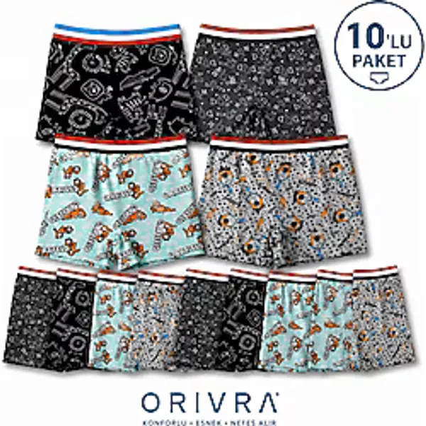Orivra 10'lu Erkek Çocuk Boxer Seti Pamuklu Esnek Desenli İç Çamaşırı Paketi Çok Renkli
