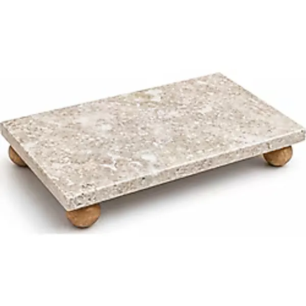 Orret Home Traverten Mermer Sunumluk Ahşap Ayaklı Doğal Taş Sunum Tabağı Yağdanlık Altlığı Kahvaltılık Standı Dekoratif Tezgah Üstü Sunum Platformu 24x12 cm