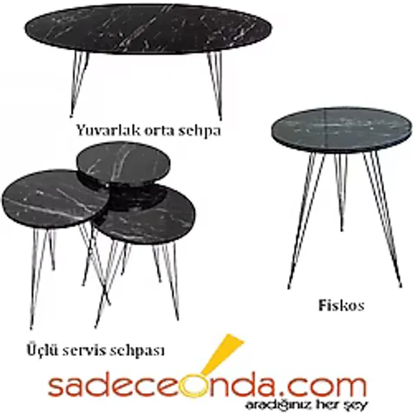 Orta- Fiskos- Zigon Sehpa Set Siyah Mermer Desenli