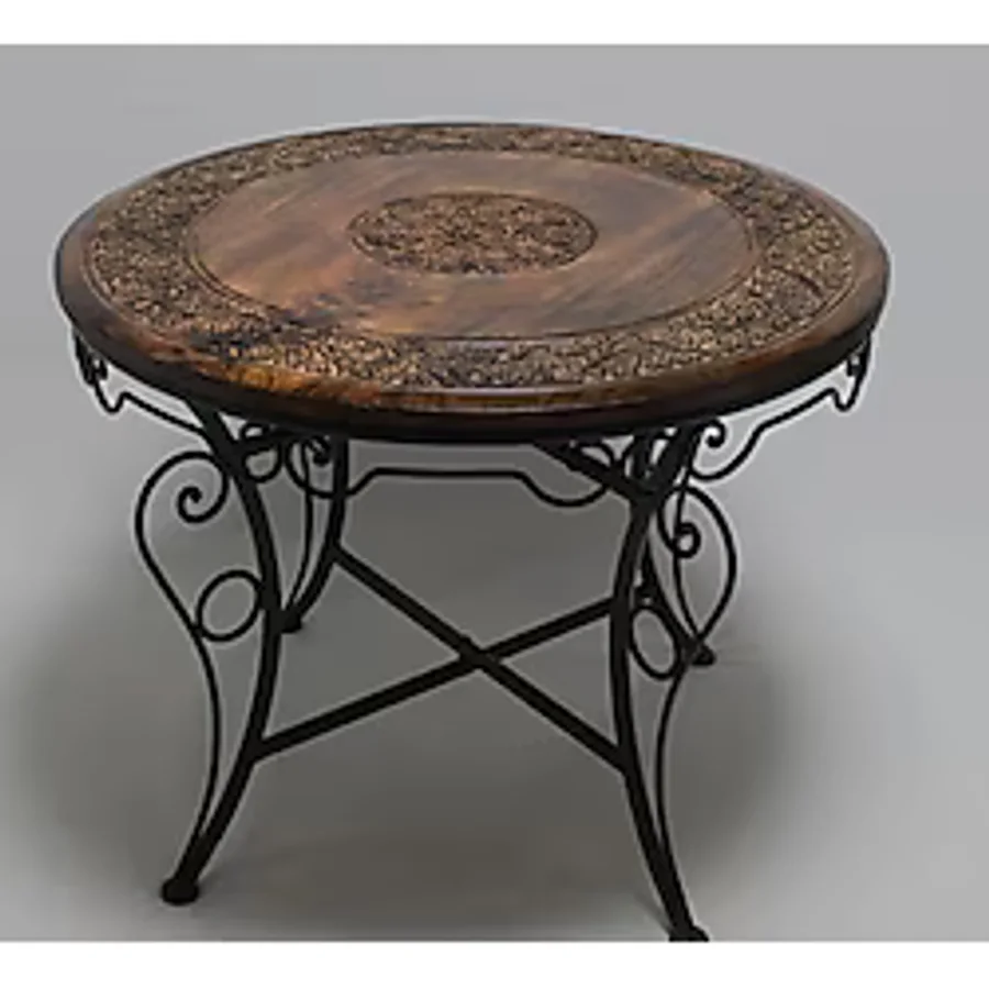 Otantik Çarşı Eskitme Ahşap Ferforje Oymalı Yuvarlak Orta Sehpa 75X75X59 Cm. - Siyah