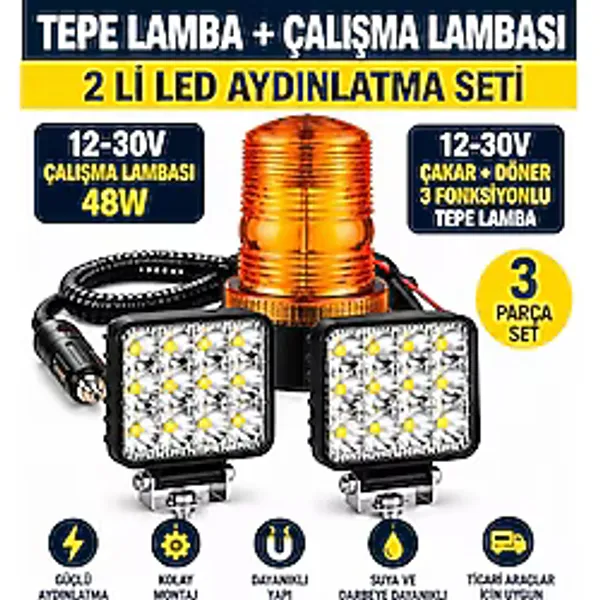 Otokap Universal 2 Li Set LED Çakar Tepe Lambası 3 Fonksiyonlu Monte Tip 12V-30V 16 LED 48W Çalışma Lambası 12-30V Traktör Iş Makinesi