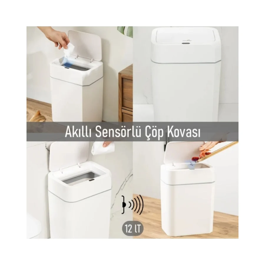 Otomatik Kapak Açan Sensörlü Lüks Çöp Kovası 12 Lt, 23,5 x 17,5 x 31,8 cm
