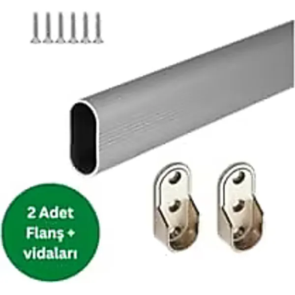 Oval Alüminyum 80 cm Dolap Içi Askı Borusu 2 Adet Flanş Vidaları Dolap Içi Düzenleyiciler Gri Tr