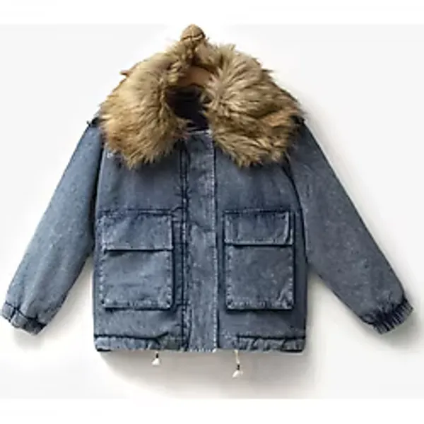Overdo Kız Çocuk Kürk Yakalı Peluşlu Oversize Baskılı Kot Mont Ceket