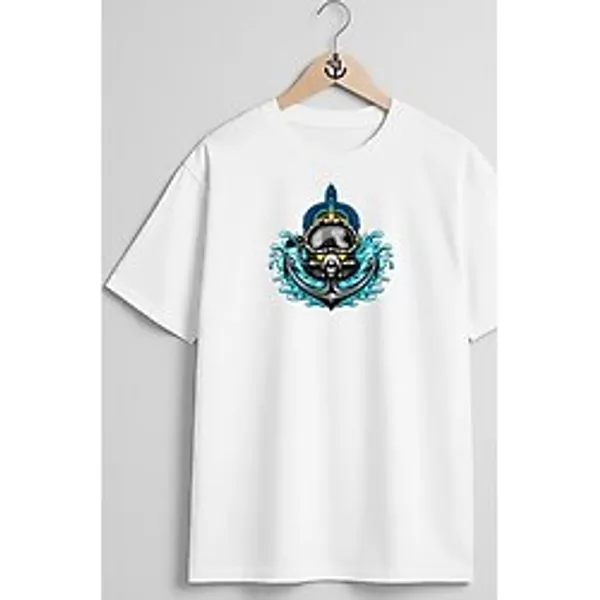 Oversize Çapa Ve Dalış Başlığı Göğüs Tasarımlı Unisex T-Shirt