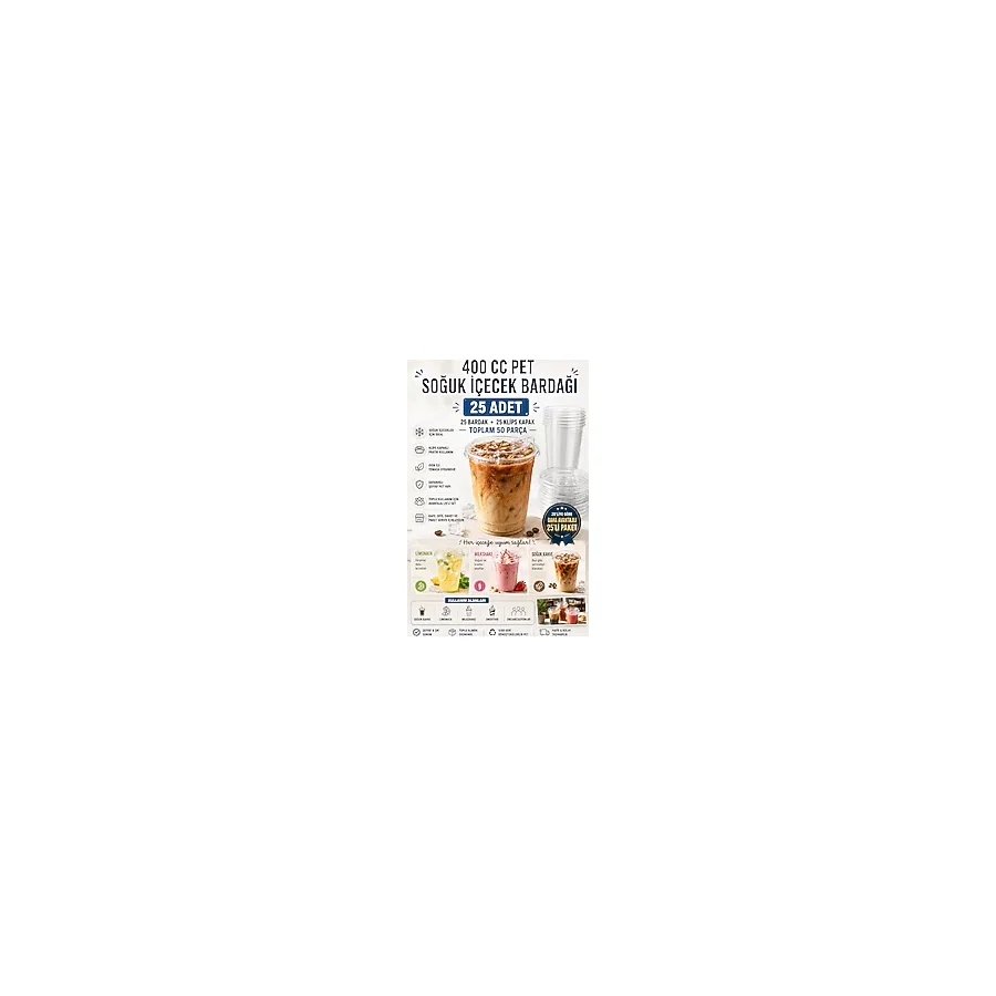 Owersea 400 cc Plastik Pet Soğuk Kahve Limonata Milkshake Bardağı 25 Adet Klips Kapaklı Bardak