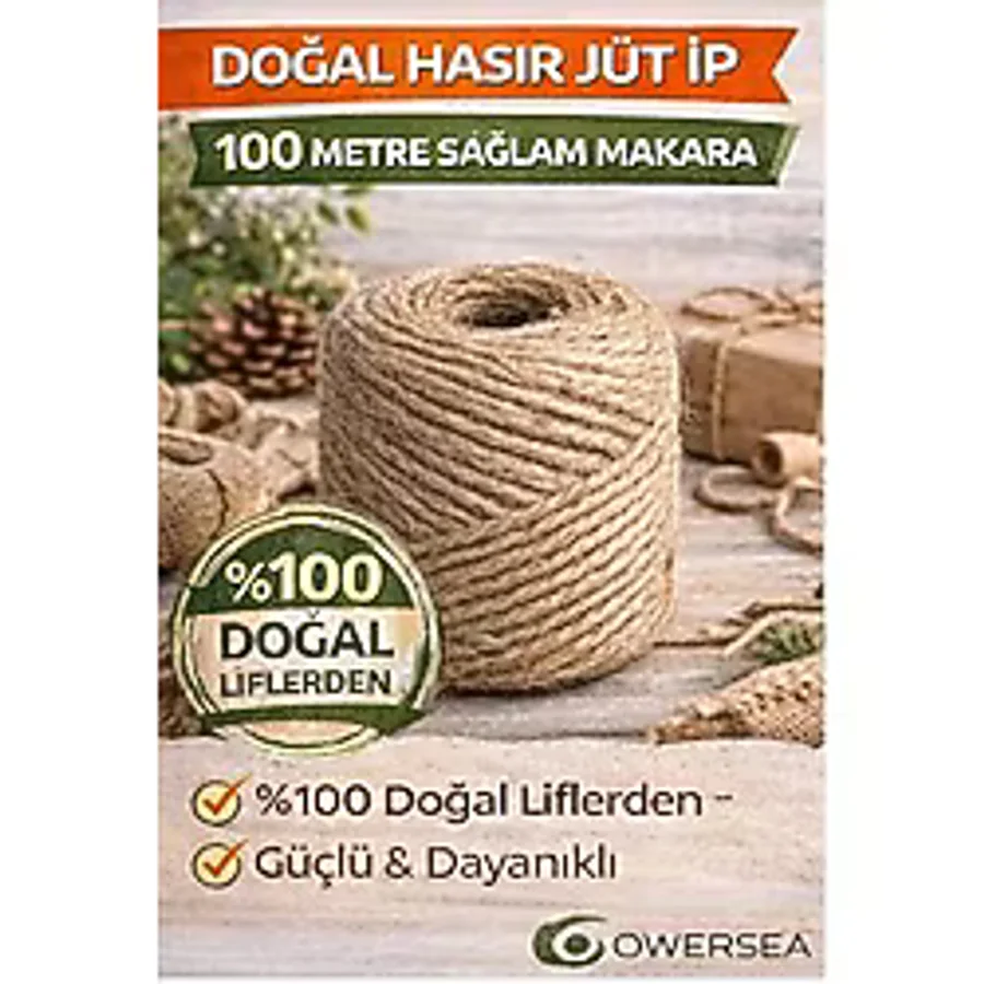 Owersea Hasır Jüt Ip 1 Top 100 Metre Doğal Jüt Ip - Keten Ipi, Hasır Ip, Halat Ip,çuval Ipi Süsleme Ipi