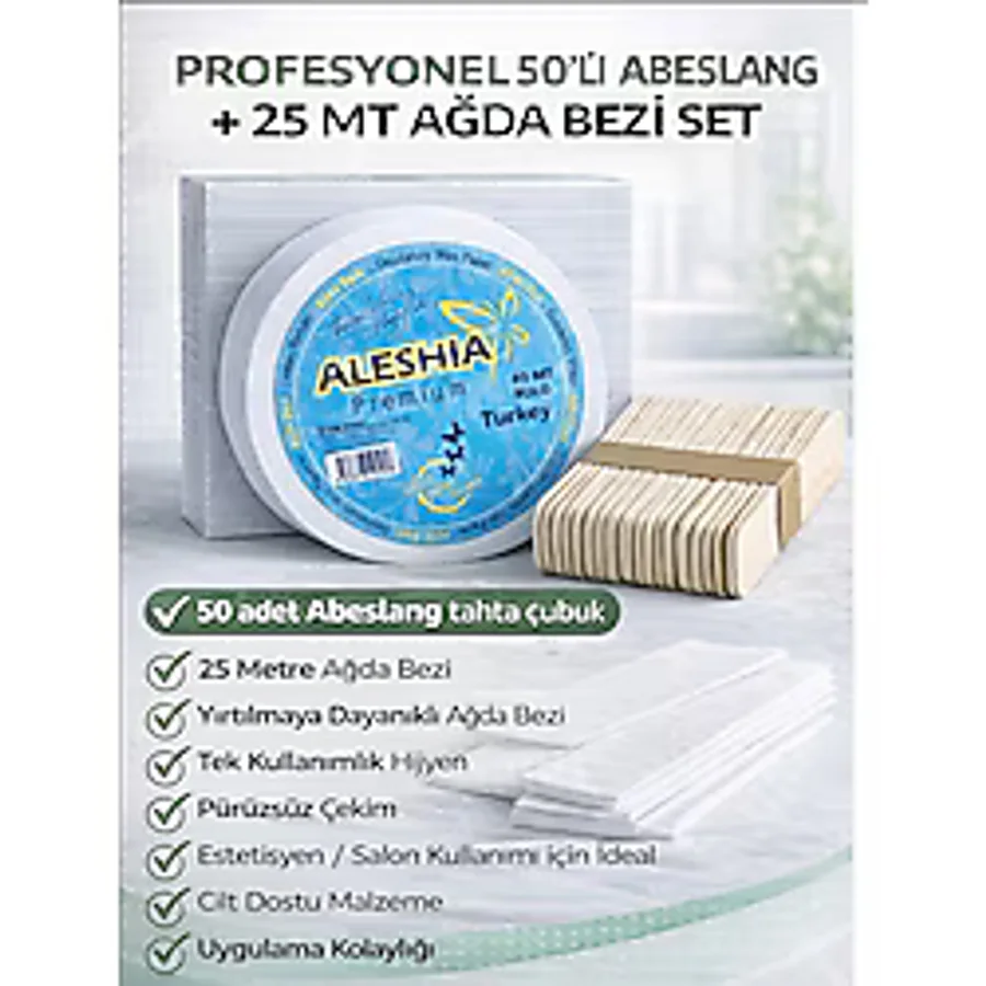 Owersea Profesyonel 50li Abeslang + 25 Metre Ağda Bezi Ağda Seti Epilasyon Bezi Tek Kullanımlık Ahşap Çubuk