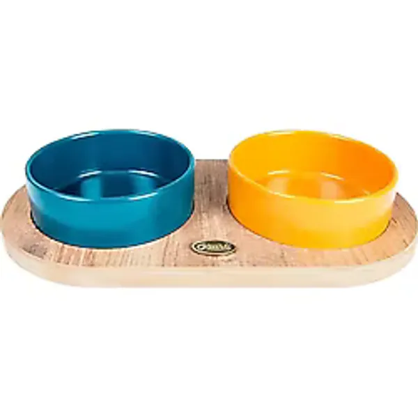 Ozark Ahşap Oval Tabanlı Seramik Kedi-Köpek Mama ve Su Kabı 2'li Petrol Mavisi Hardal