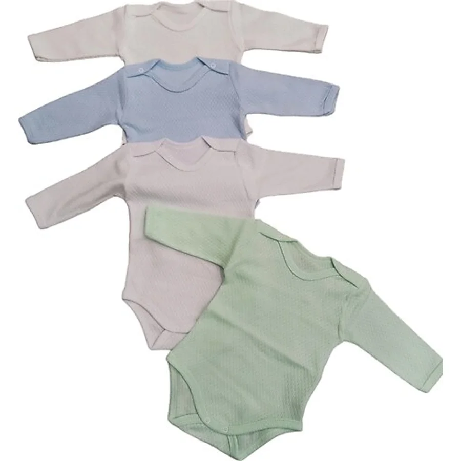 özdemirli bebe Uzun Kollu Çıtçıtlı Badi Bisiklet Yaka Body Hava Alır Kumaş Düz Renk Zıbın (4lü Paket) 0-48 Ay Arası