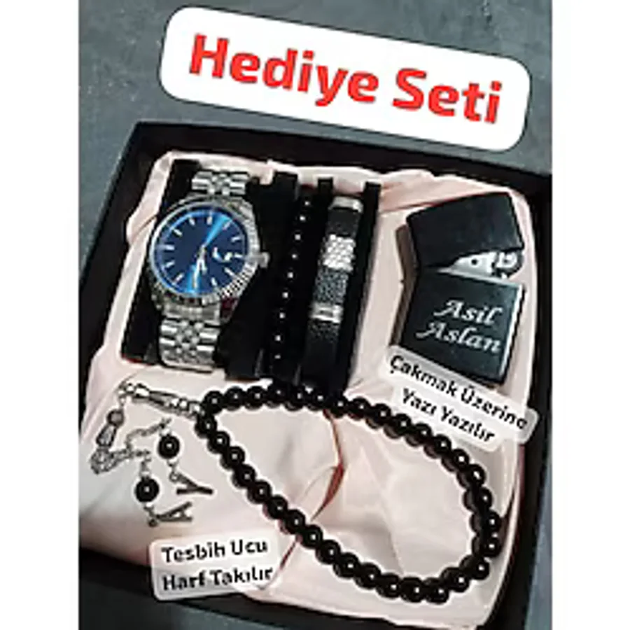 Özel Kutusunda Hediyelik Erkek Kombin Saat Çakmak Tesbih Seti - 6044 - Gümüş