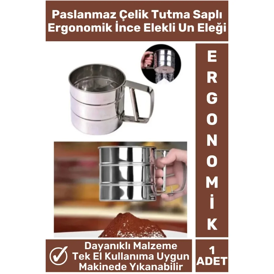 Özel Paslanmaz Çelik Tek Ele Uygun Tutma Kolu Pasta Hamur Baharat İnce Elekli Büyük Hazneli Un Eleği
