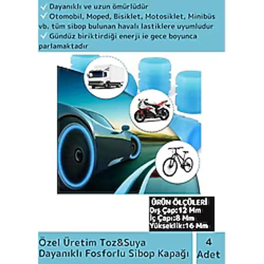 Özel Tüm Otomobil Bisiklet Motosiklet, Minibüslerle Uyumlu 4 Adet Fosforlu Mavi Sibop Kapağı