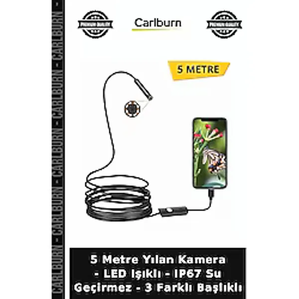 Özel Üretim Endoskopik 5 Metre Yılan Kamera - Led Işıklı - Ip67 Su Geçirmez - 3 Farklı Başlıklı