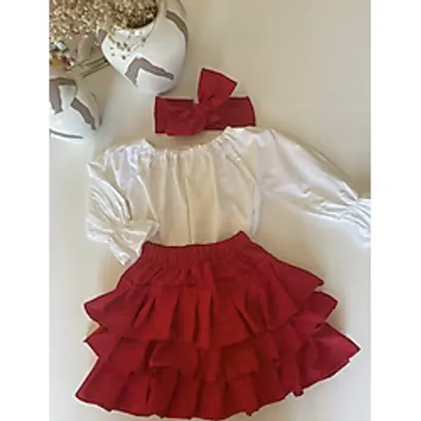 Özge Başaran Kız Çocuk Fırfırlı Kırmızı Etek, Beyaz Bluz ve Bandana Takım 7 Yaş,