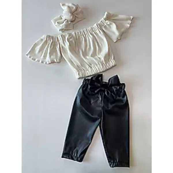 Özge Başaran Kız Çocuk, Likralı Deri Fiyonk Detaylı Pantolon, Krem Straplez Crop Bluz ve Saç Bandı Takımı. - Açık Krem - 9 Yaş