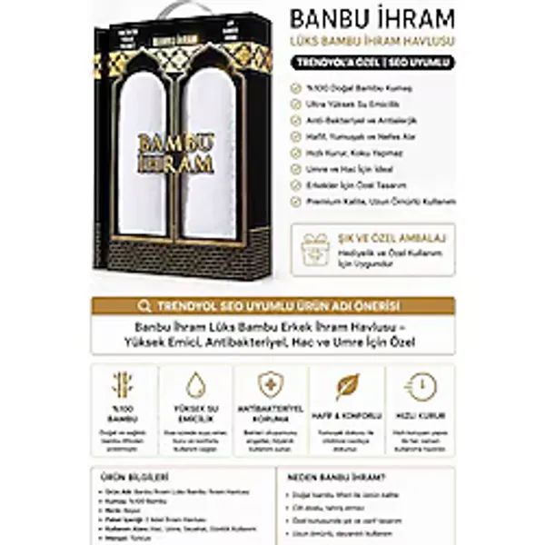 Öztürk Konsept Banbu Ihram %100 Bambu Erkek Ihram Havlusu 2 Parça - Ultra Emici, Antibakteriyel, Yumuşak, Hac ve Umre Ihram Seti - Beyaz - 110 x 220 cm